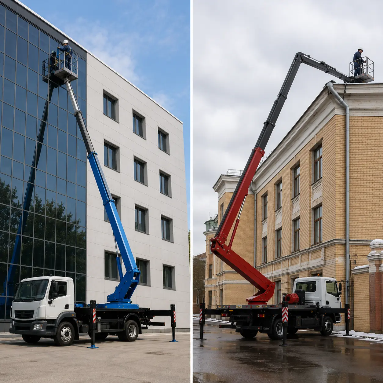 Сравнение двух вышек в работе: телескопическая тянется по прямой к гладкому фасаду, коленчато-телескопическая заводит люльку за карниз крыши.